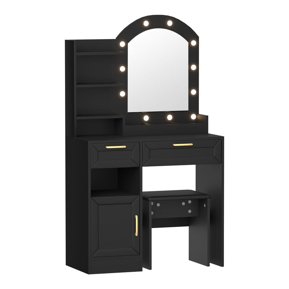 Oikiture Dressing Table Dressing Table Stool Set Arch Mirror 12 LED Bulbs Black