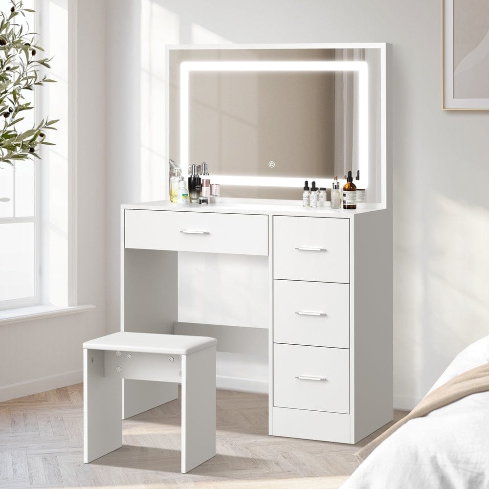 Oikiture Dressing Table Dressing Table Stool Set Large Mirror LED Light White