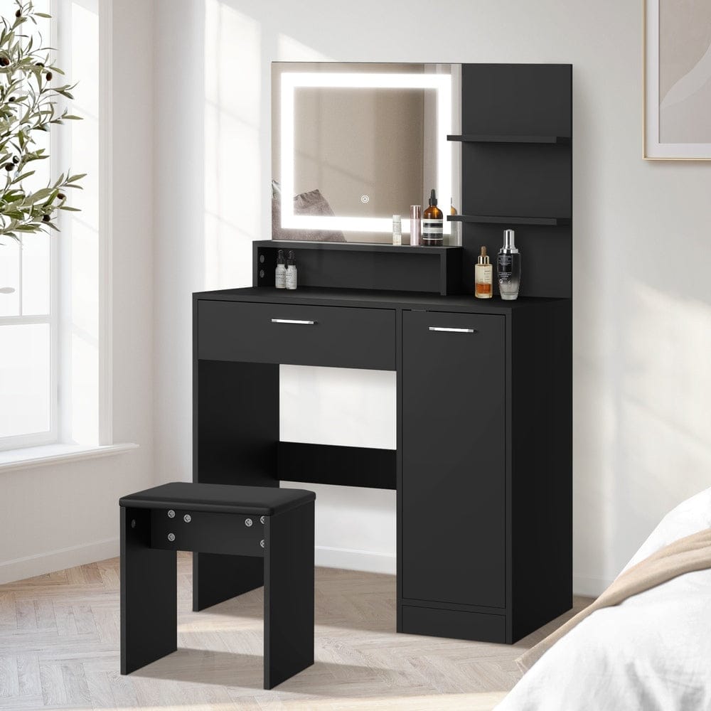 Oikiture Dressing Table Dressing Table Stool Set LED Light Large Cabinet Black