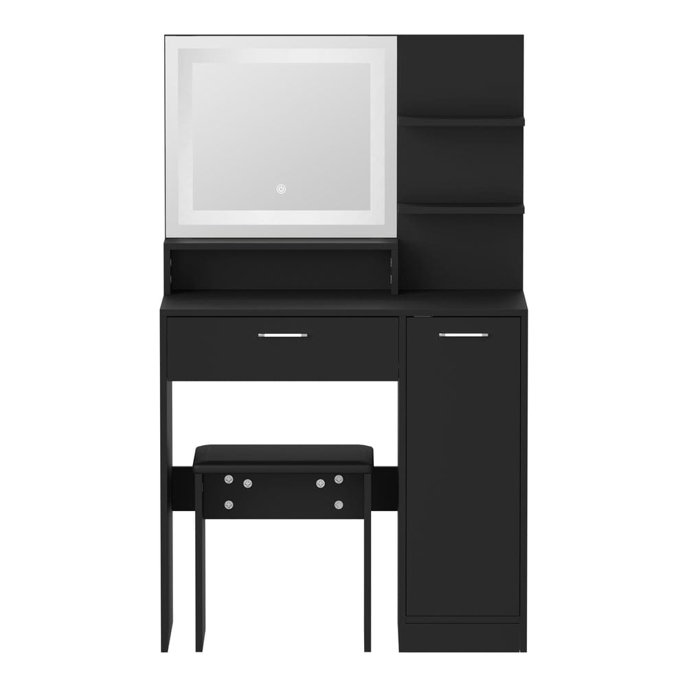 Oikiture Dressing Table Dressing Table Stool Set LED Light Large Cabinet Black
