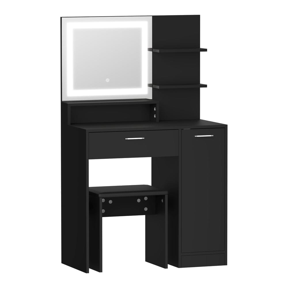 Oikiture Dressing Table Dressing Table Stool Set LED Light Large Cabinet Black