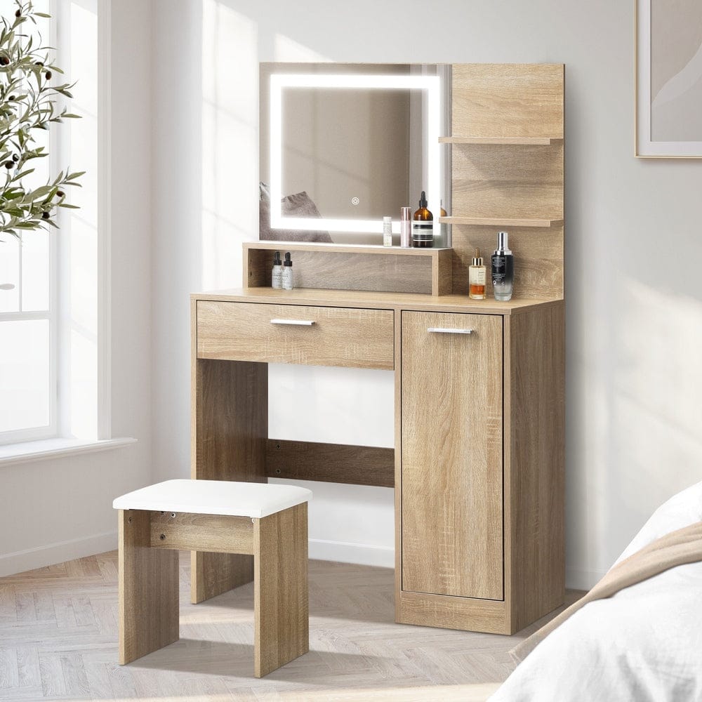 Oikiture Dressing Table Dressing Table Stool Set LED Light Large Cabinet Natural