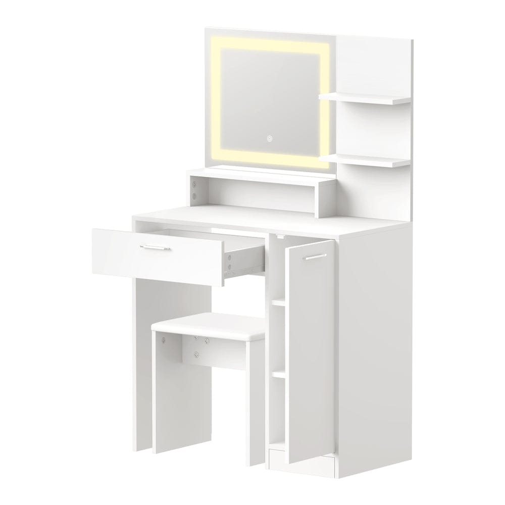 Oikiture Dressing Table Dressing Table Stool Set LED Light Large Cabinet White