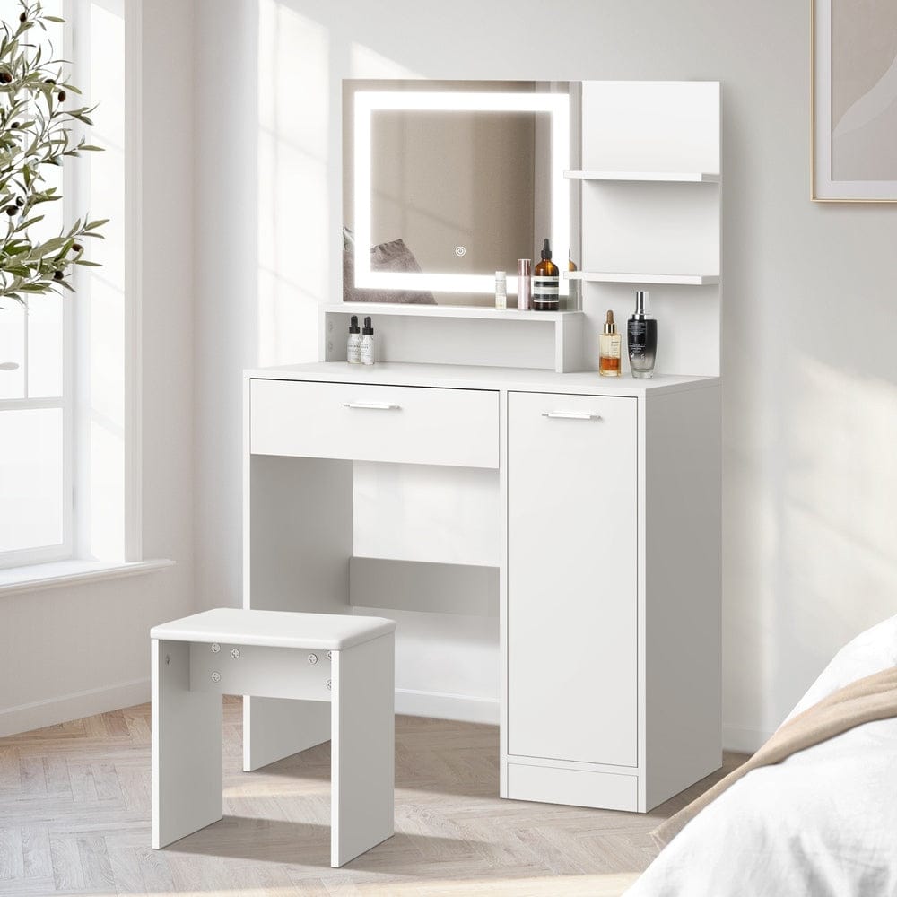 Oikiture Dressing Table Dressing Table Stool Set LED Light Large Cabinet White
