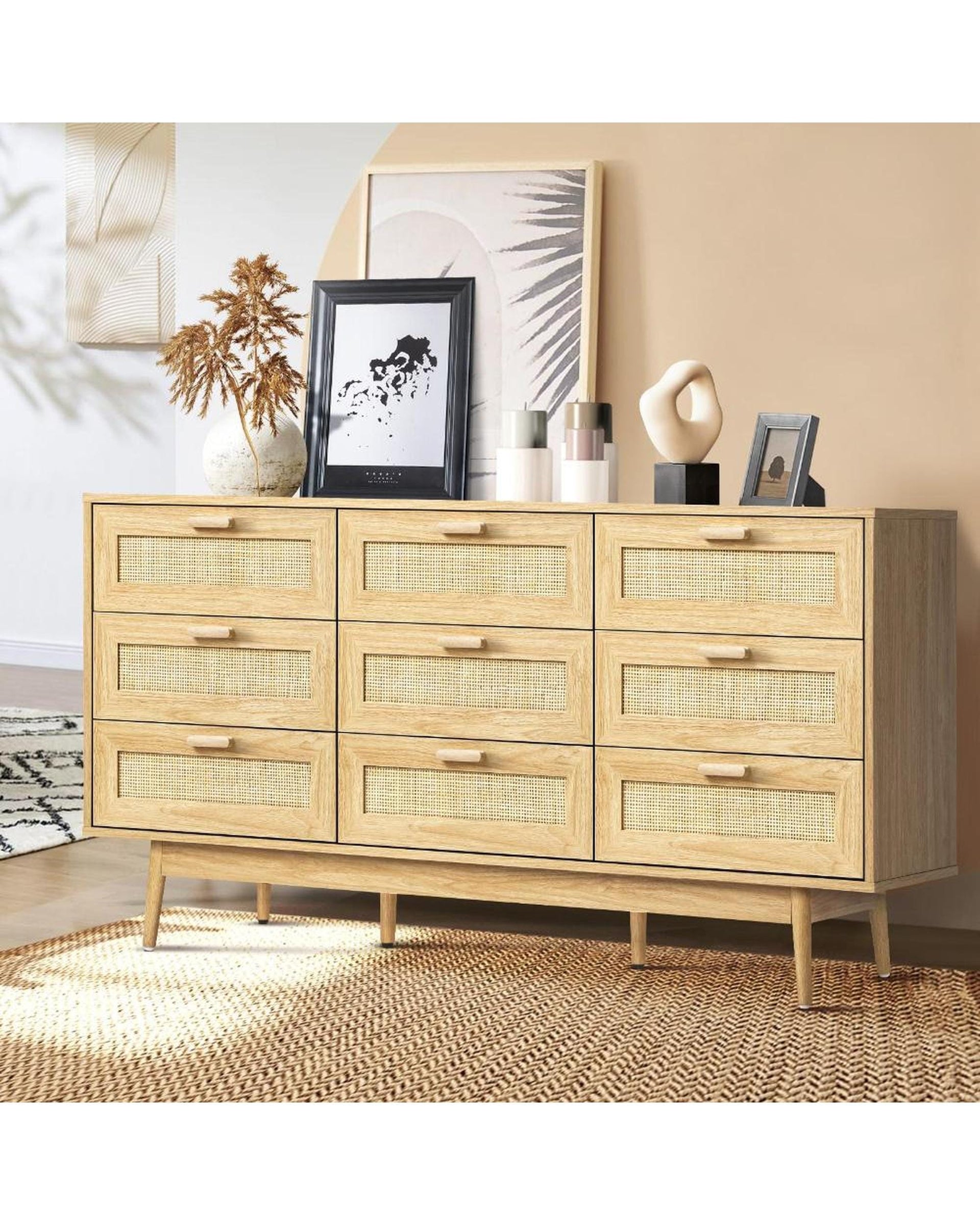 Oikiture Chest of Drawers ELLE 9 Chest of Drawers Dresser Rattan Storage Cabinet Lowboy Bedroom Wooden