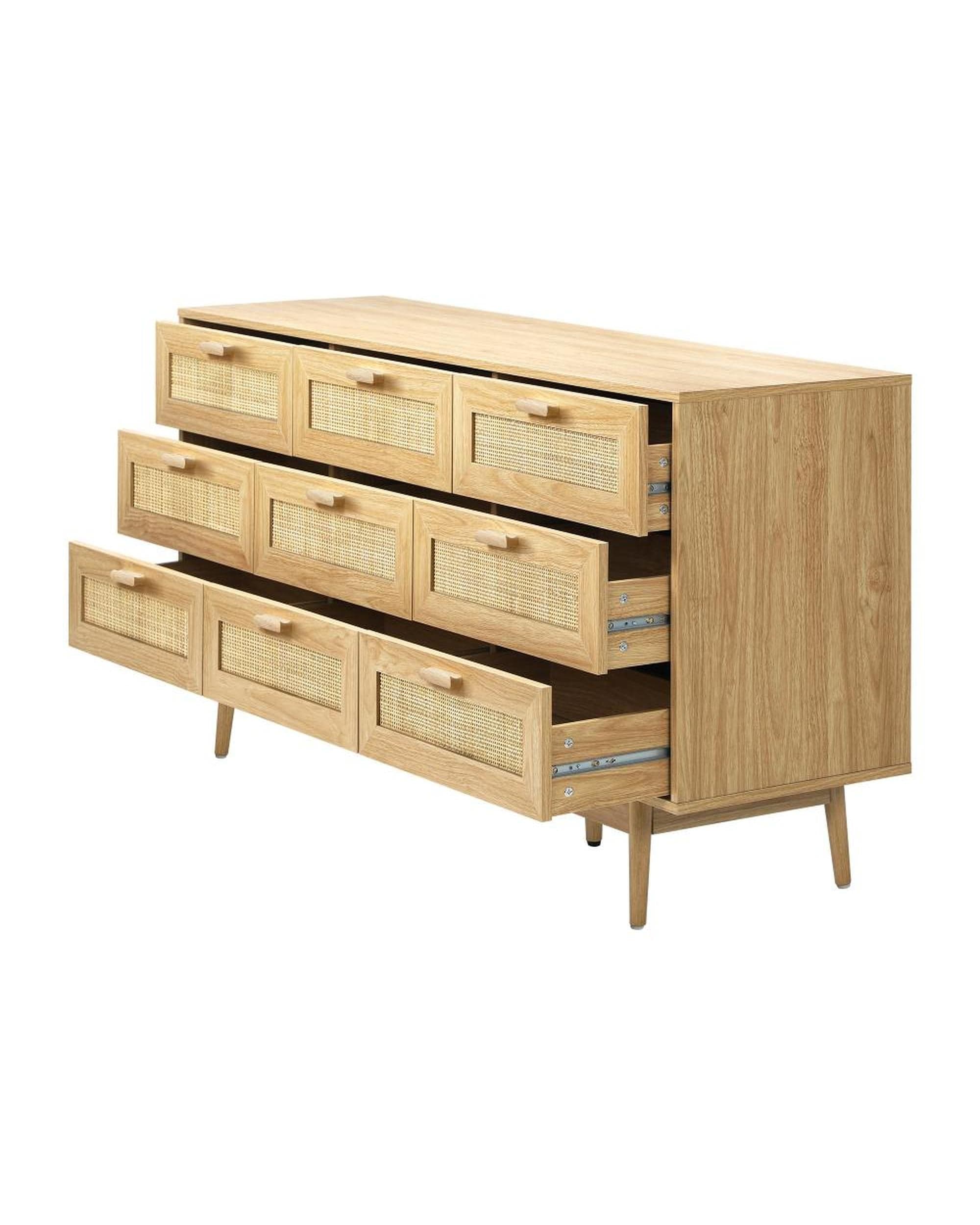 Oikiture Chest of Drawers ELLE 9 Chest of Drawers Dresser Rattan Storage Cabinet Lowboy Bedroom Wooden