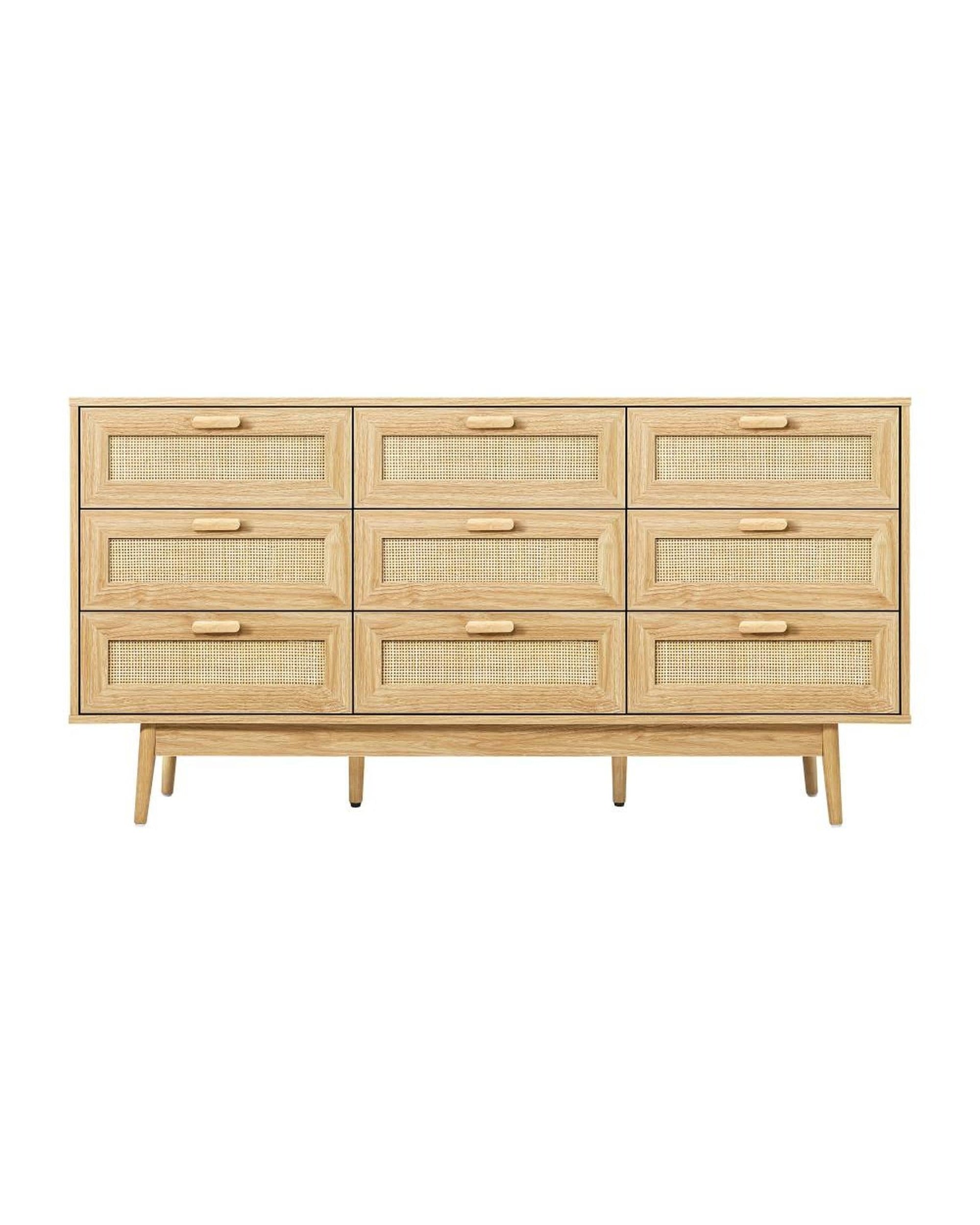 Oikiture Chest of Drawers ELLE 9 Chest of Drawers Dresser Rattan Storage Cabinet Lowboy Bedroom Wooden