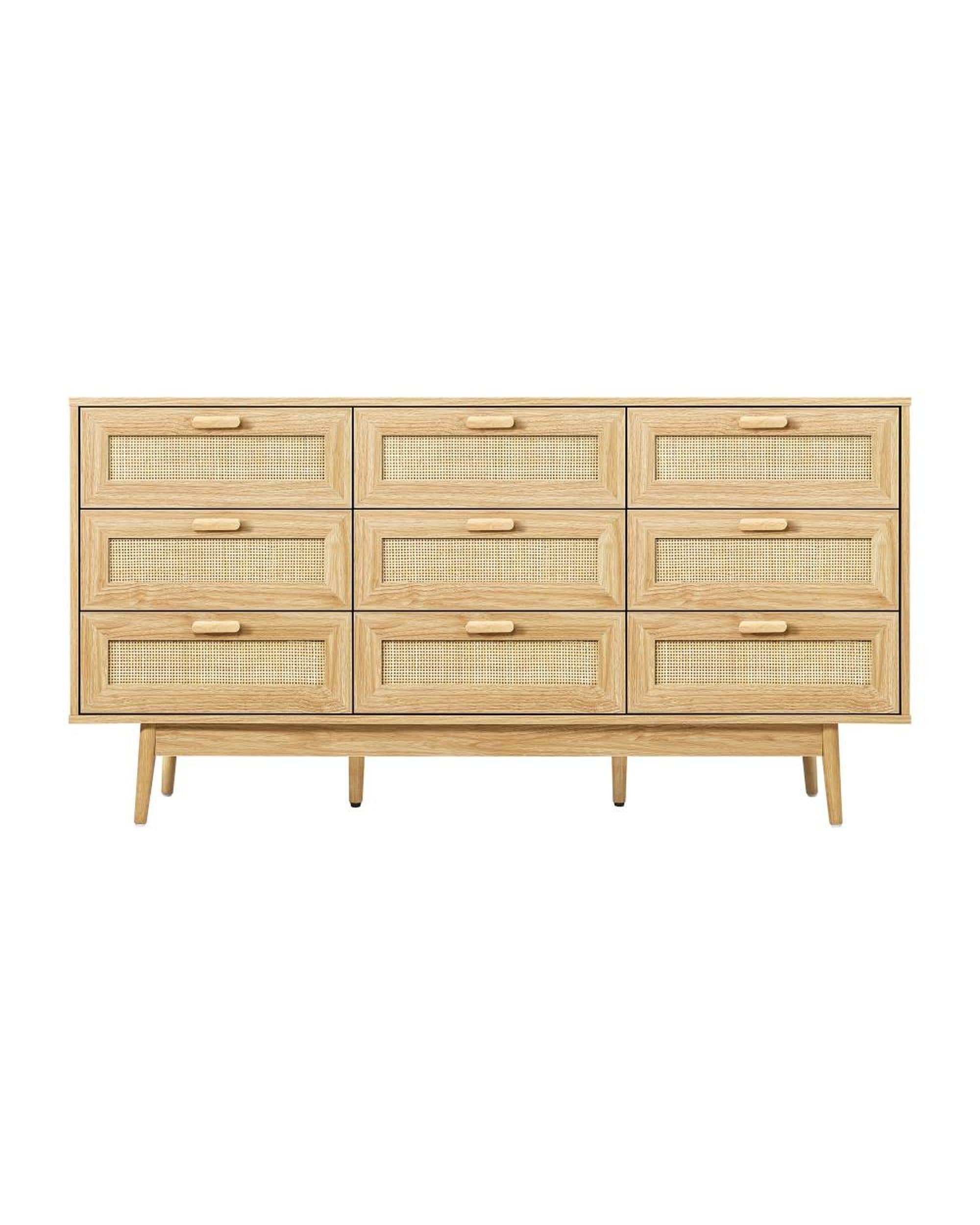 Oikiture Chest of Drawers ELLE 9 Chest of Drawers Dresser Rattan Storage Cabinet Lowboy Bedroom Wooden