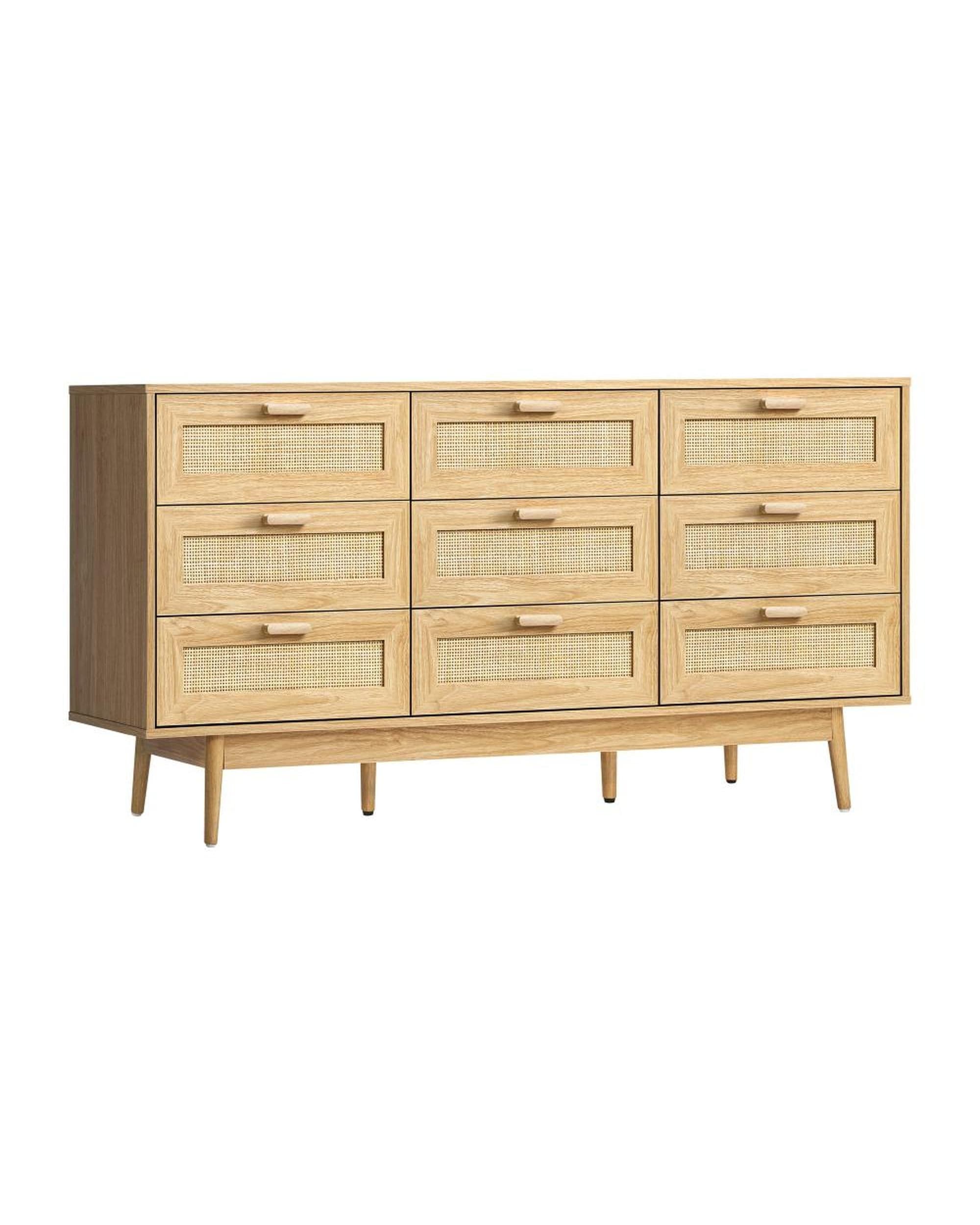 Oikiture Chest of Drawers ELLE 9 Chest of Drawers Dresser Rattan Storage Cabinet Lowboy Bedroom Wooden
