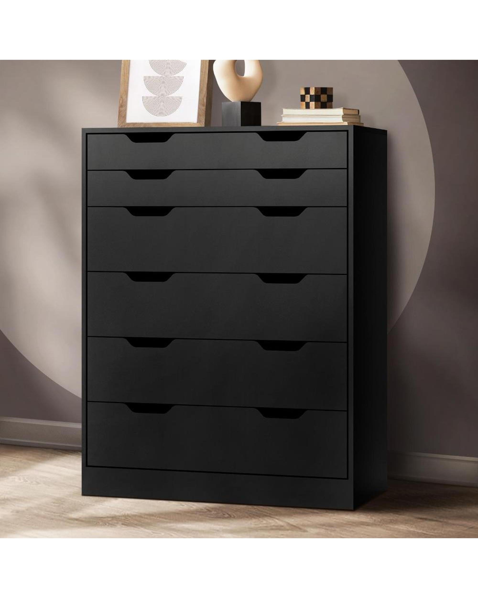 Oikiture Chest of Drawers ELOUEF 6 Chest of Drawers Tallboy Storage Cabinet Dresser Bedroom Black
