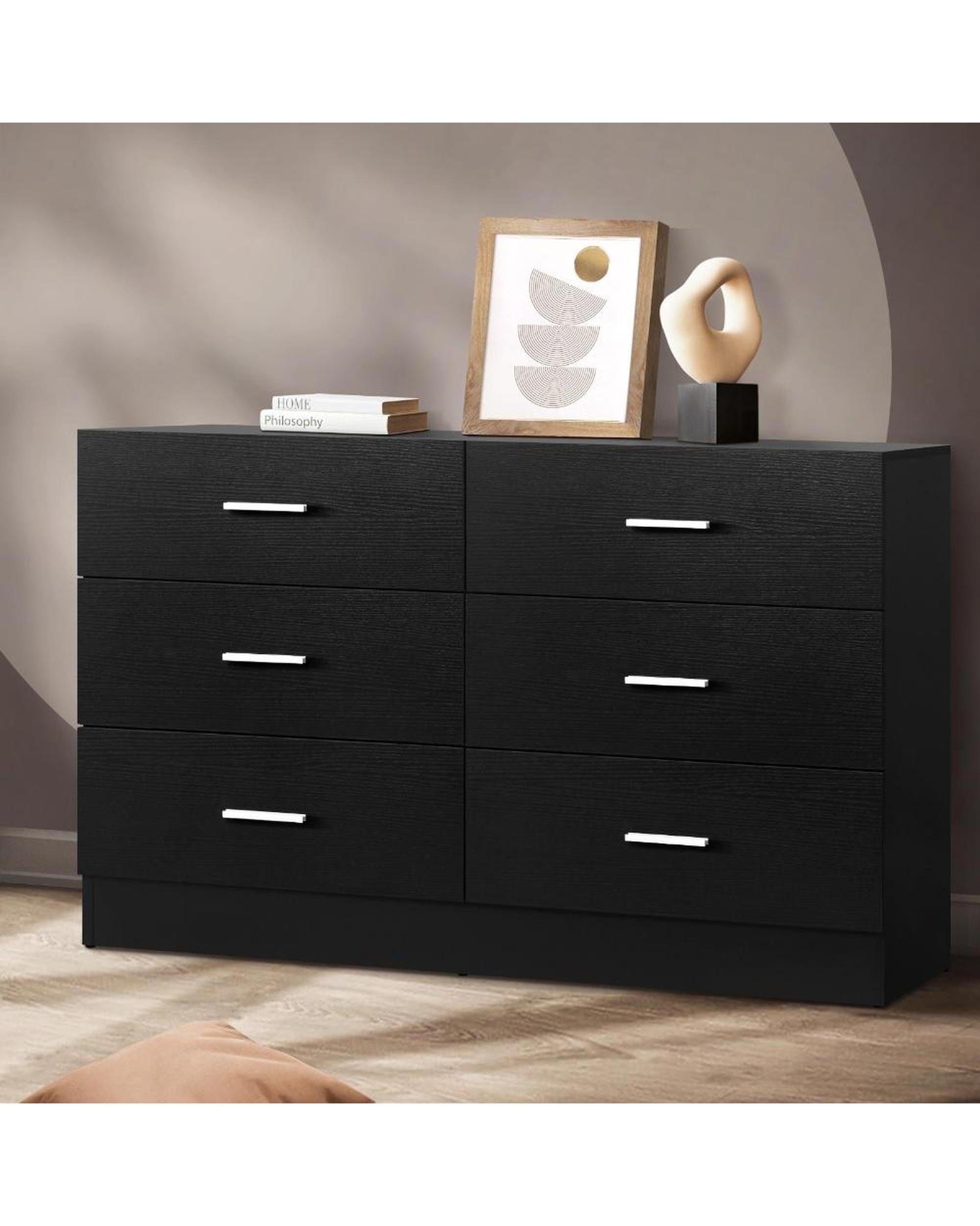 Oikiture Chest of Drawers EMILIA 6 Chest of Drawers Tallboy Dresser Table Lowboy Storage Cabinet Black