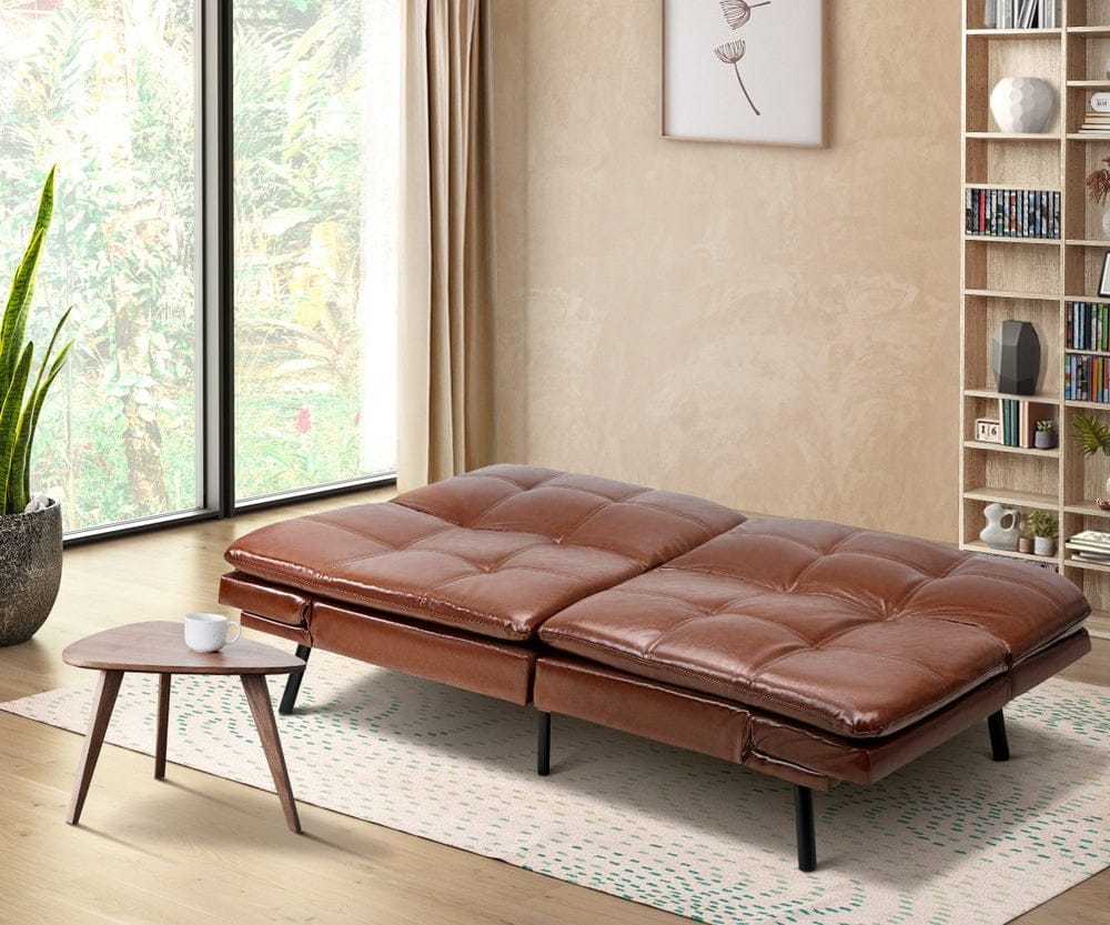 Oikiture Sofa FELICIA Sofa Bed Convertible Leather 3-Seater Brown