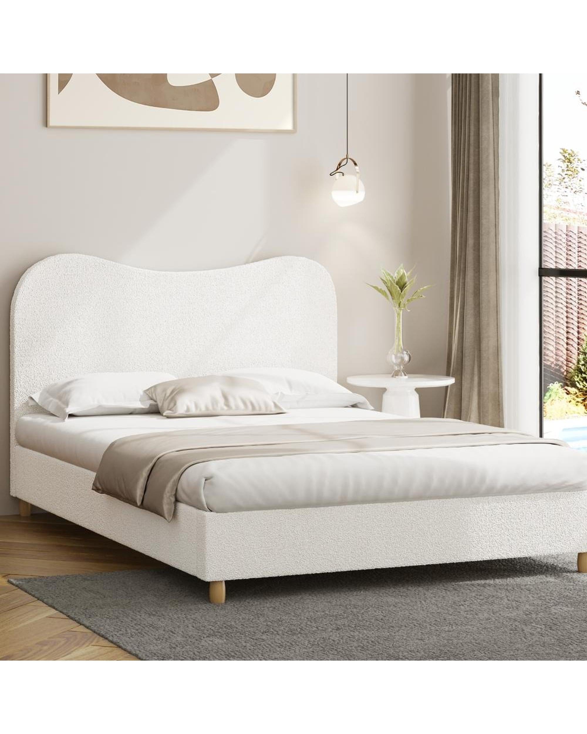 Oikiture Bedframe FLINDERS Bed Frame White Boucle Cloud Shape
