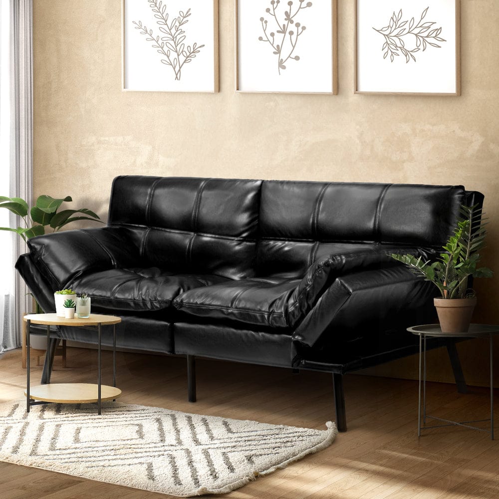 Oikiture Sofa FOS Sofa Bed Convertible Leather 3-Seater Black