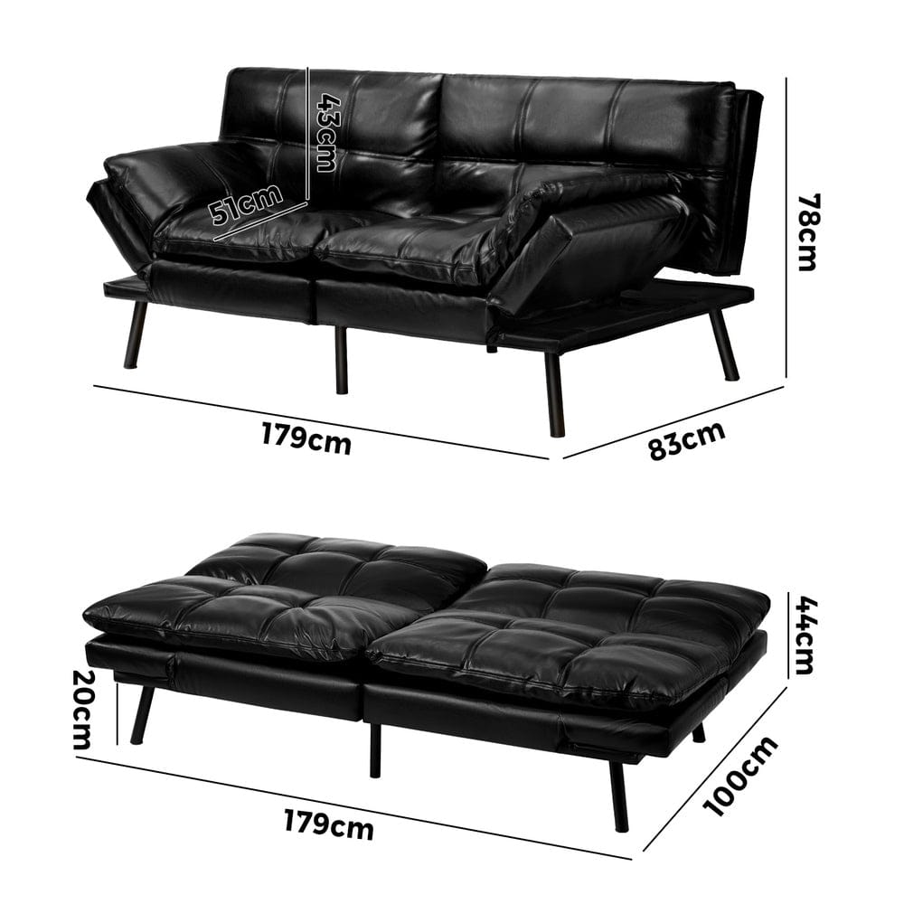 Oikiture Sofa FOS Sofa Bed Convertible Leather 3-Seater Black