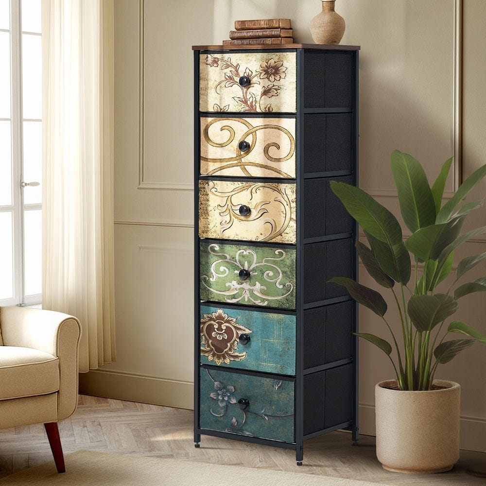 Oikiture Chest of Drawers GAR 6 Chest of Drawers Fabric Tallboy Retro Vintage