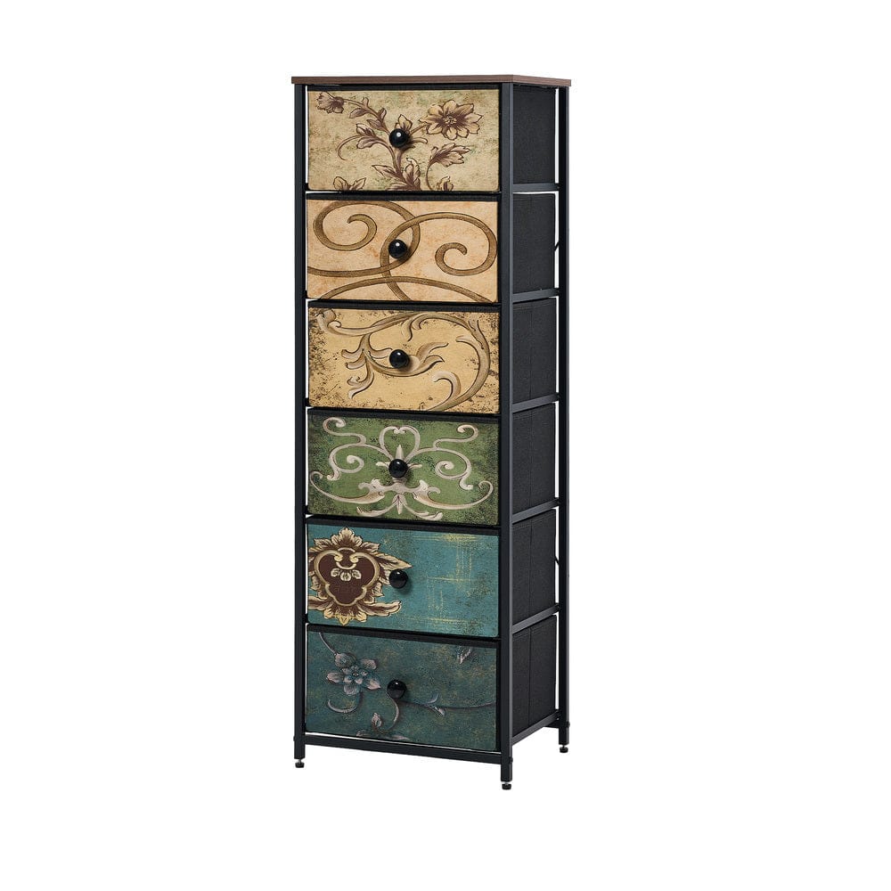 Oikiture Chest of Drawers GAR 6 Chest of Drawers Fabric Tallboy Retro Vintage