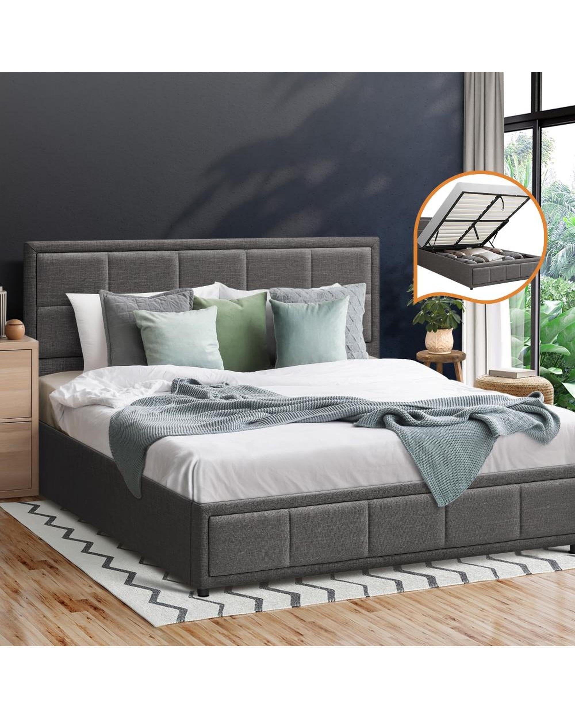 Oikiture Bedframe Glenlg Bed Frame Gas Lift Storage Base Fabric Grey