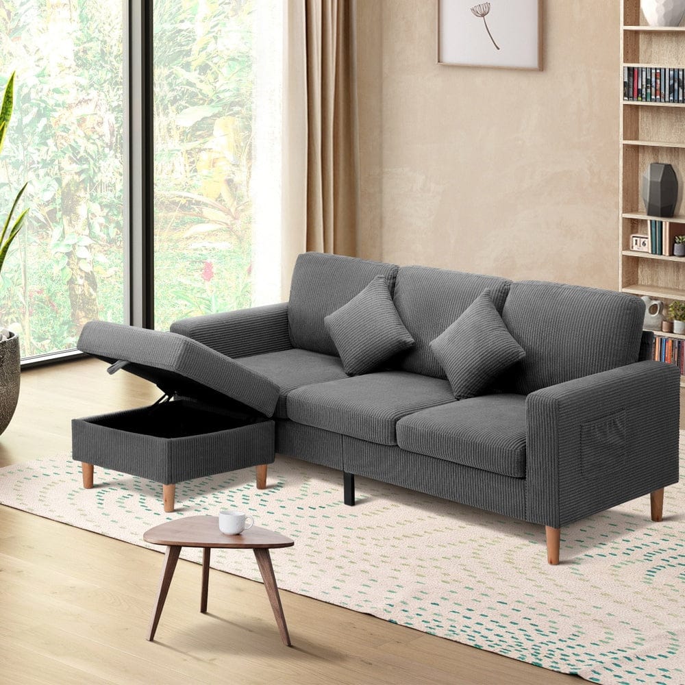 Oikiture Sofa INDI 3 Seater Sofa with Ottoman Velvet Grey
