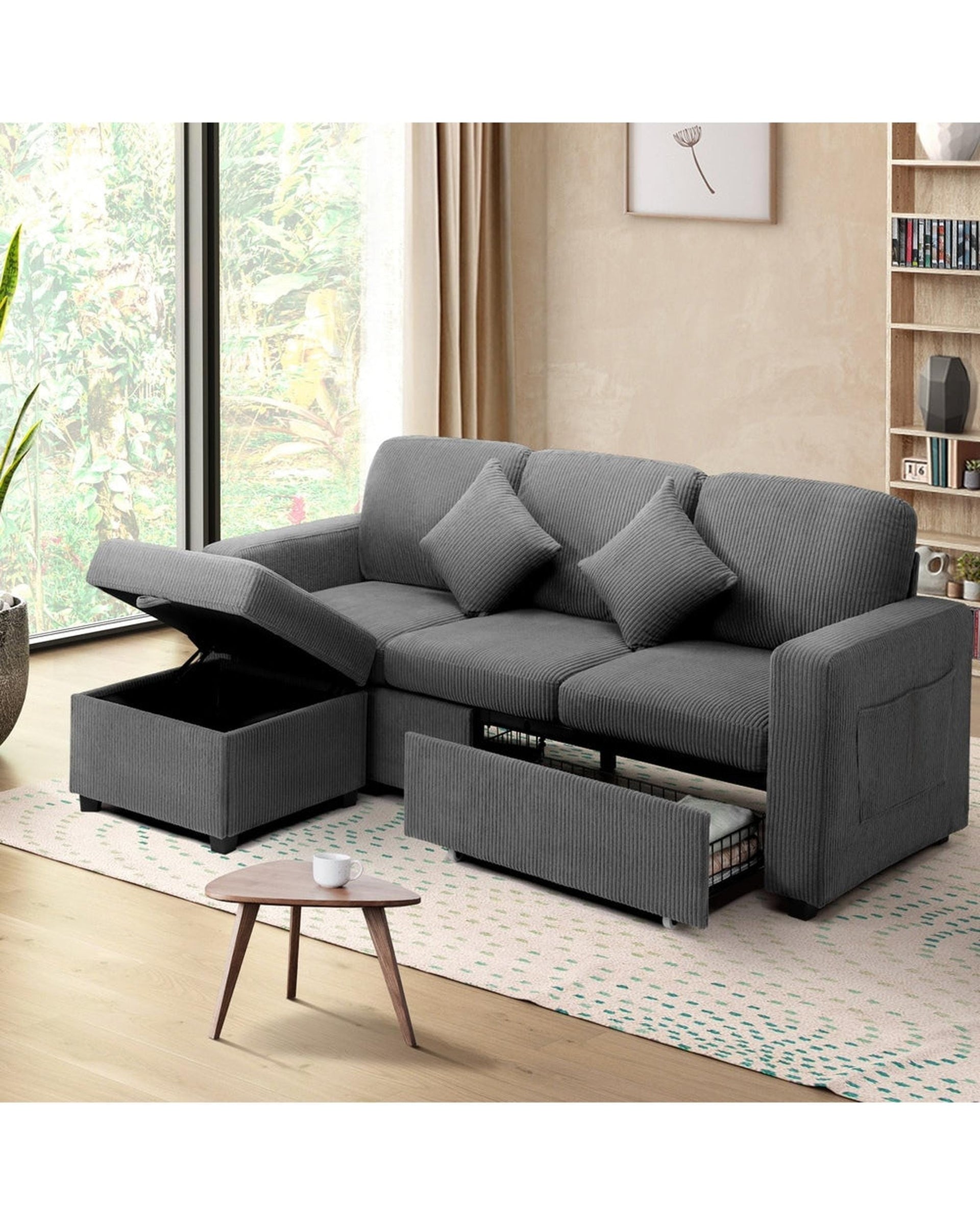 Oikiture Sofa ITALI 3 Seater Sofa Modular Couch Drawers Ottoman Velvet