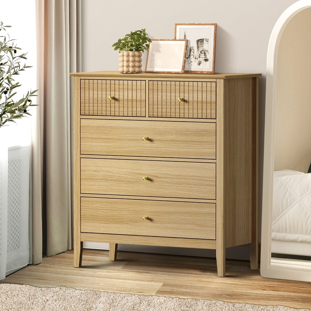 Oikiture Chest of Drawers JULIAN 5 Chest of Drawers Dresser Storage Cabinet Tallboy Natural