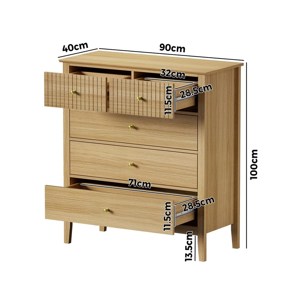 Oikiture Chest of Drawers JULIAN 5 Chest of Drawers Dresser Storage Cabinet Tallboy Natural