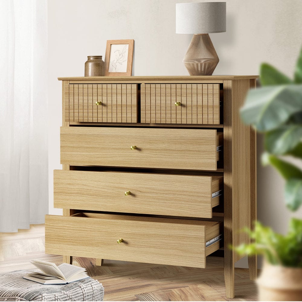 Oikiture Chest of Drawers JULIAN 5 Chest of Drawers Dresser Storage Cabinet Tallboy Natural