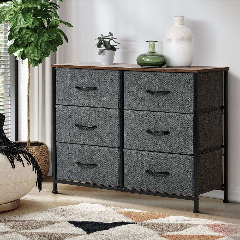 Oikiture Chest of Drawers KAN 6 Chest of Drawers Fabric Grey Wooden Tabletop