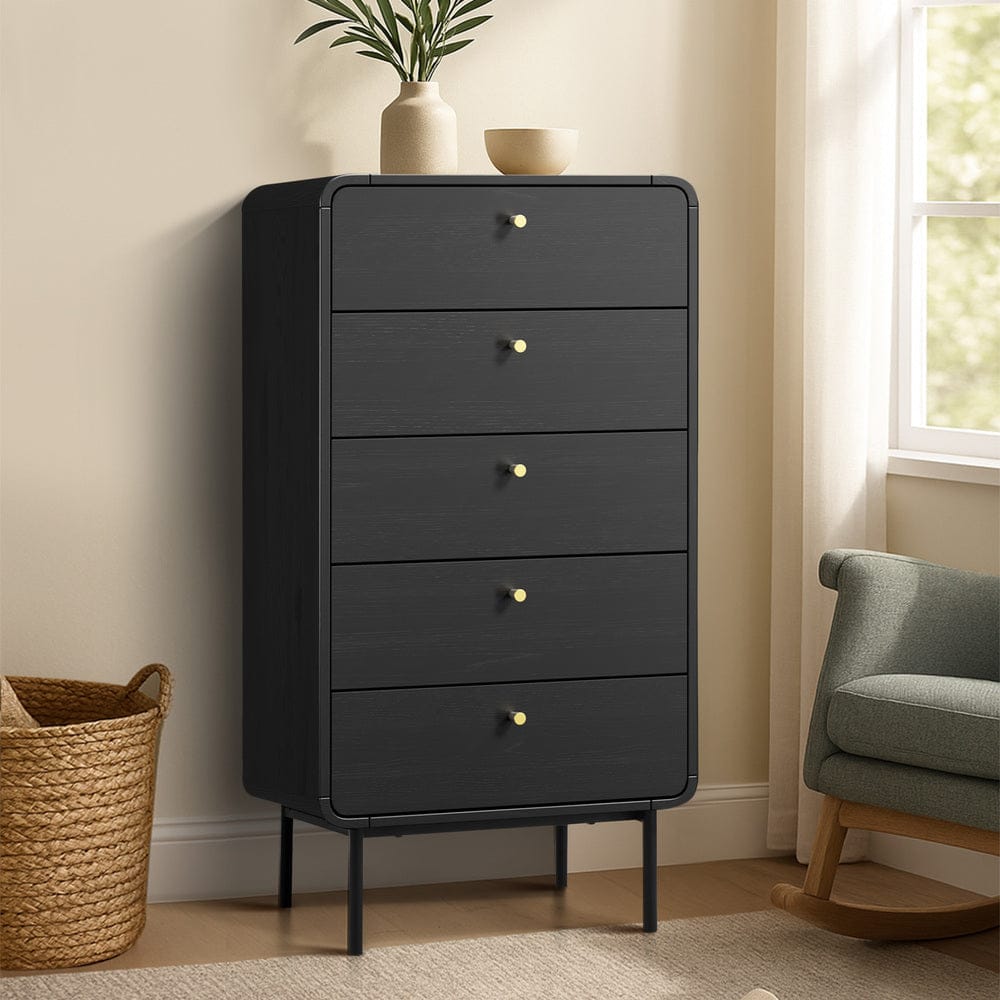 Oikiture Chest of Drawers KARO 5 Chest of Drawers Dresser Tallboy Metal Handle Black