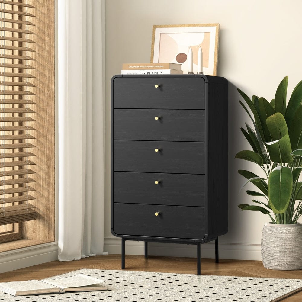 Oikiture Chest of Drawers KARO 5 Chest of Drawers Dresser Tallboy Metal Handle Black