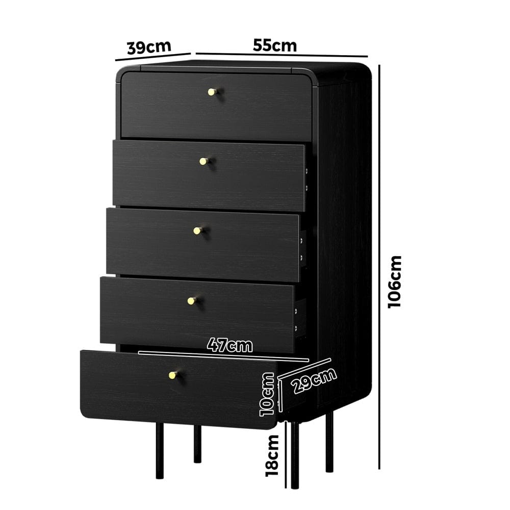 Oikiture Chest of Drawers KARO 5 Chest of Drawers Dresser Tallboy Metal Handle Black