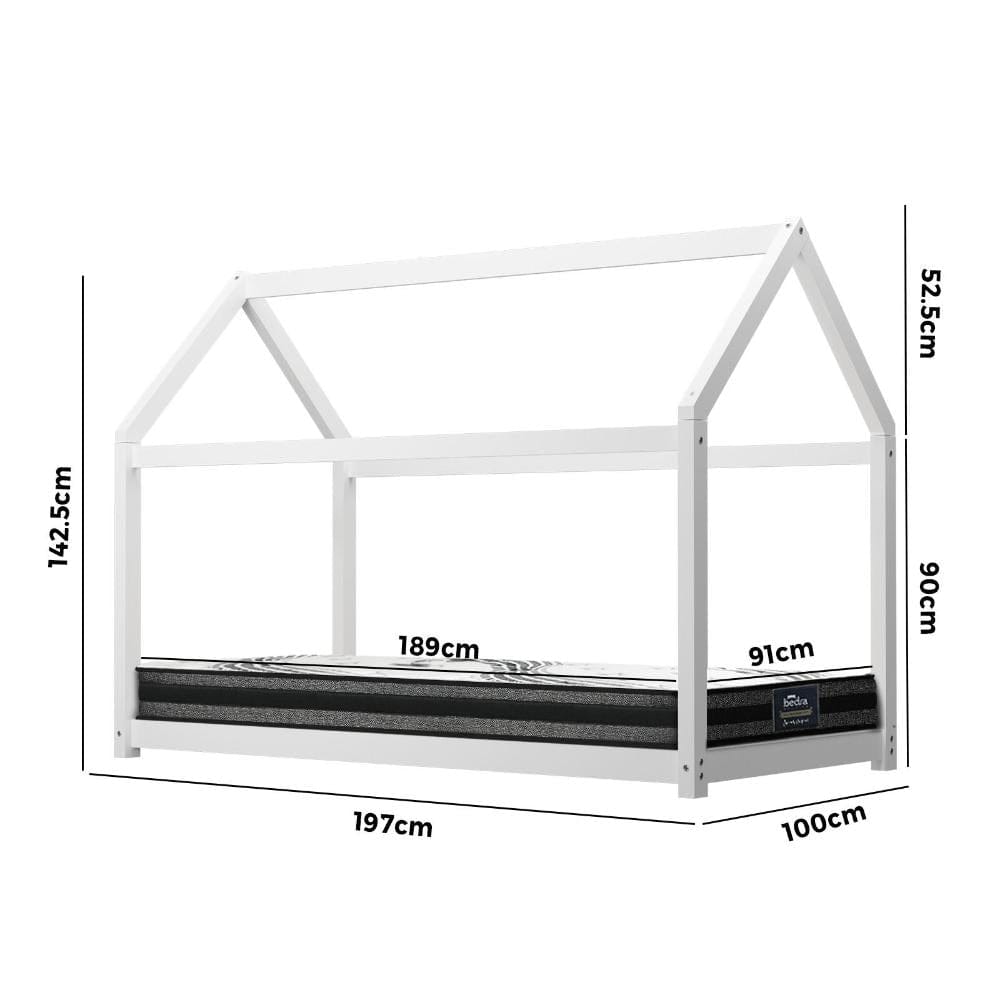 Oikiture Bedframe Lazio Kids Bed Frame With Single Mattress Set House Style White