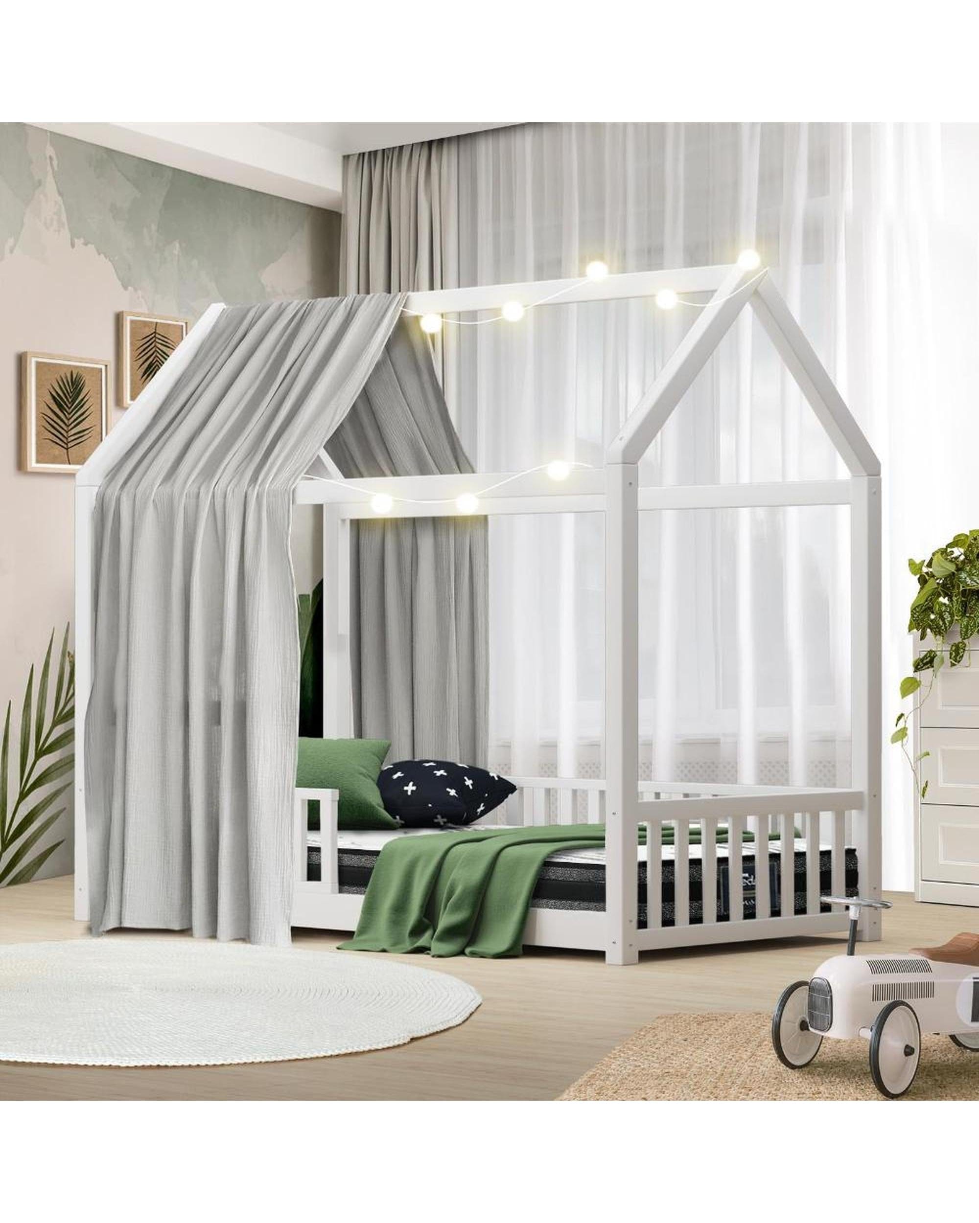 Oikiture Bedframe Lecce Kids Bed Frame With Single Mattress Set House Frame White
