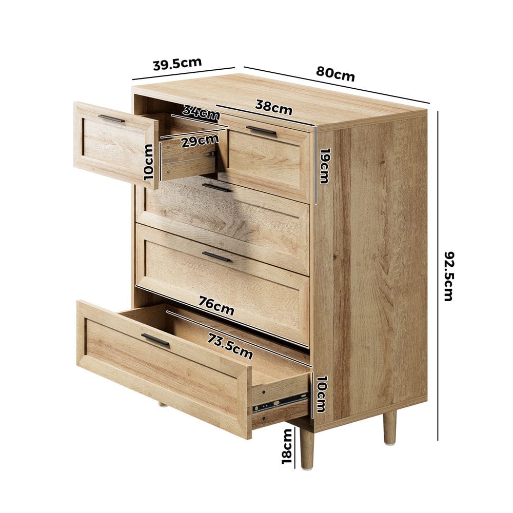 Oikiture Chest of Drawers LILLY 5 Chest of Drawers Dresser Tallboy Natural