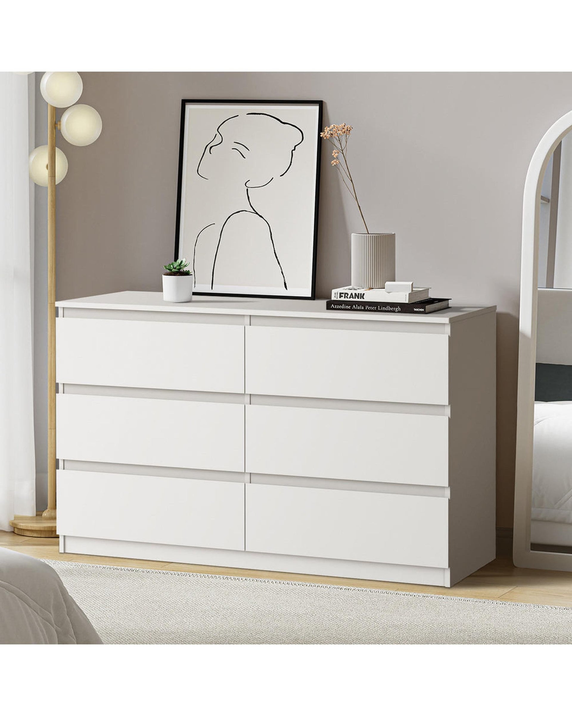 Oikiture Chest of Drawers LILLY 6 Chest of Drawers Lowboy Dresser Table Bedroom White