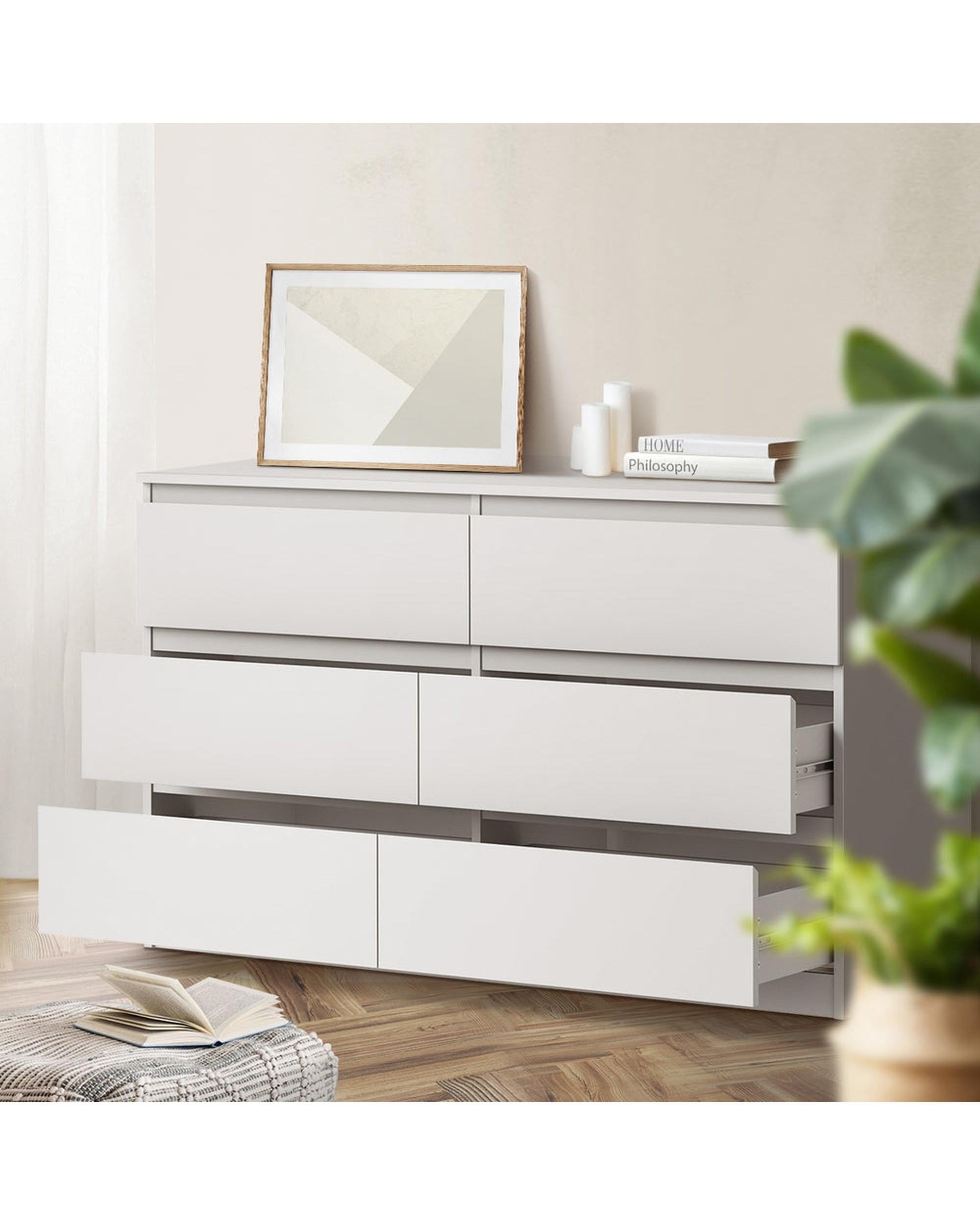Oikiture Chest of Drawers LILLY 6 Chest of Drawers Lowboy Dresser Table Bedroom White