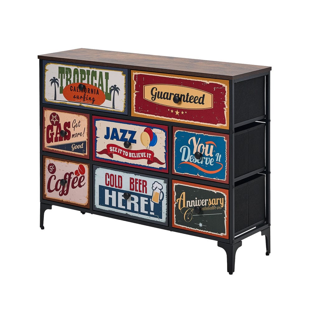 Oikiture Chest of Drawers LIM 8 Chest of Drawers Fabric Retro Vintage Multi-colour