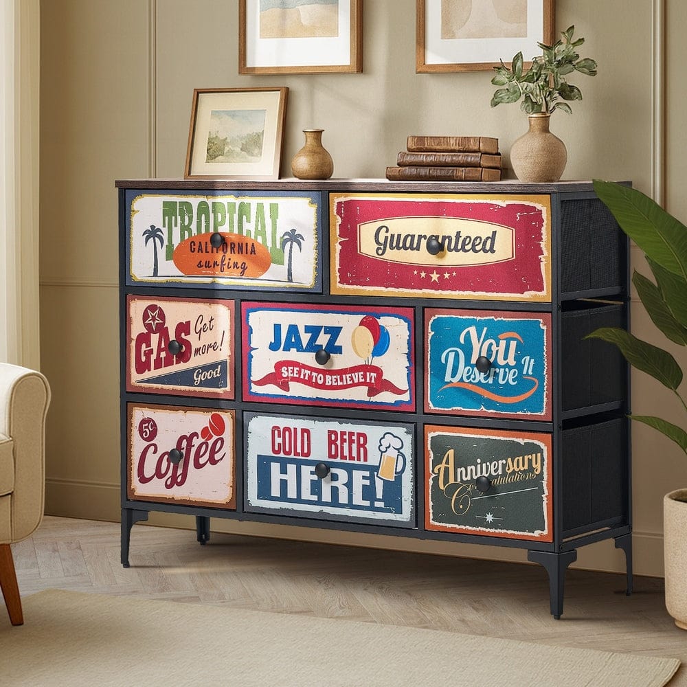 Oikiture Chest of Drawers LIM 8 Chest of Drawers Fabric Retro Vintage Multi-colour