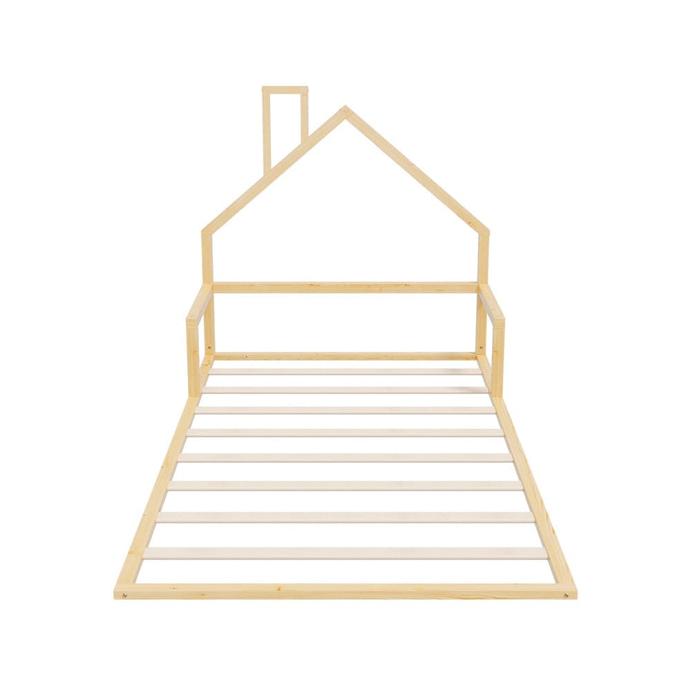 Oikiture Bedframe LITE Wooden Kids Bed Frame Floor Beds Chimney King Single Natural