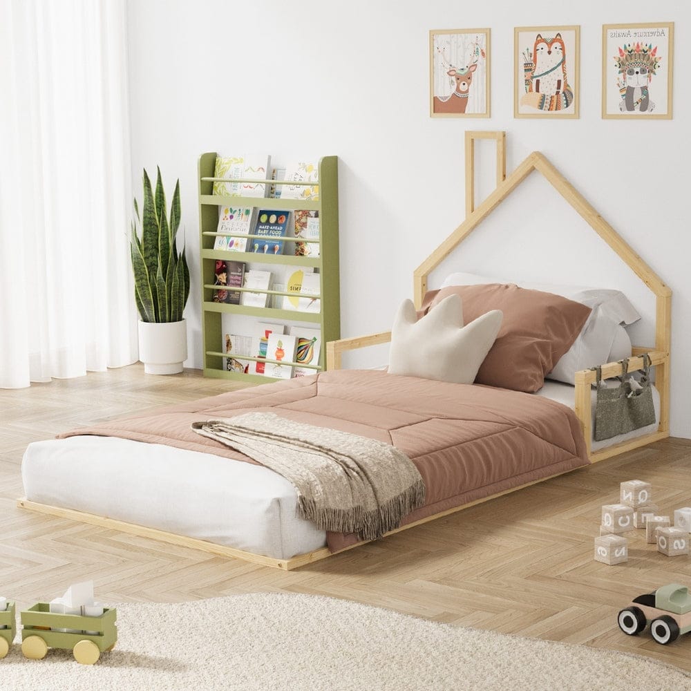 Oikiture Bedframe LITE Wooden Kids Bed Frame Floor Beds Chimney King Single Natural