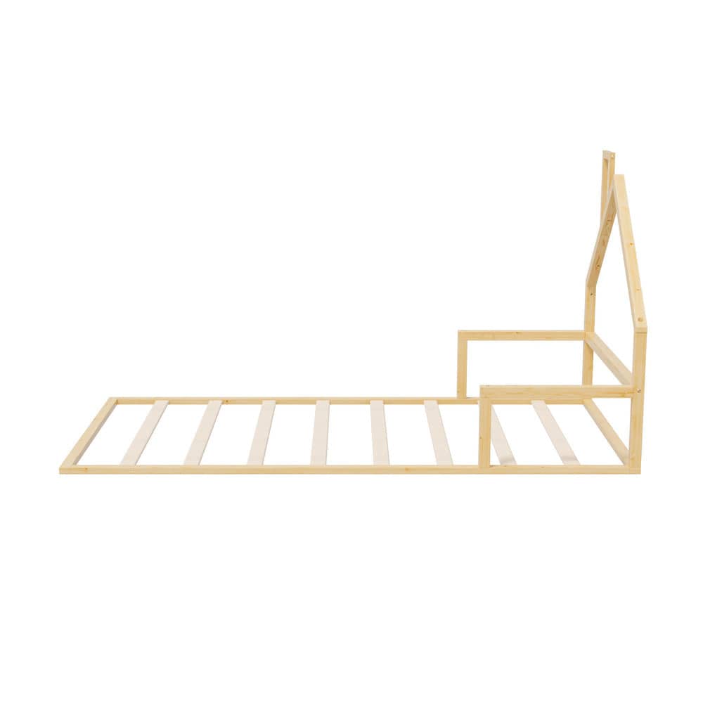 Oikiture Bedframe LITE Wooden Kids Bed Frame Floor Beds Chimney King Single Natural