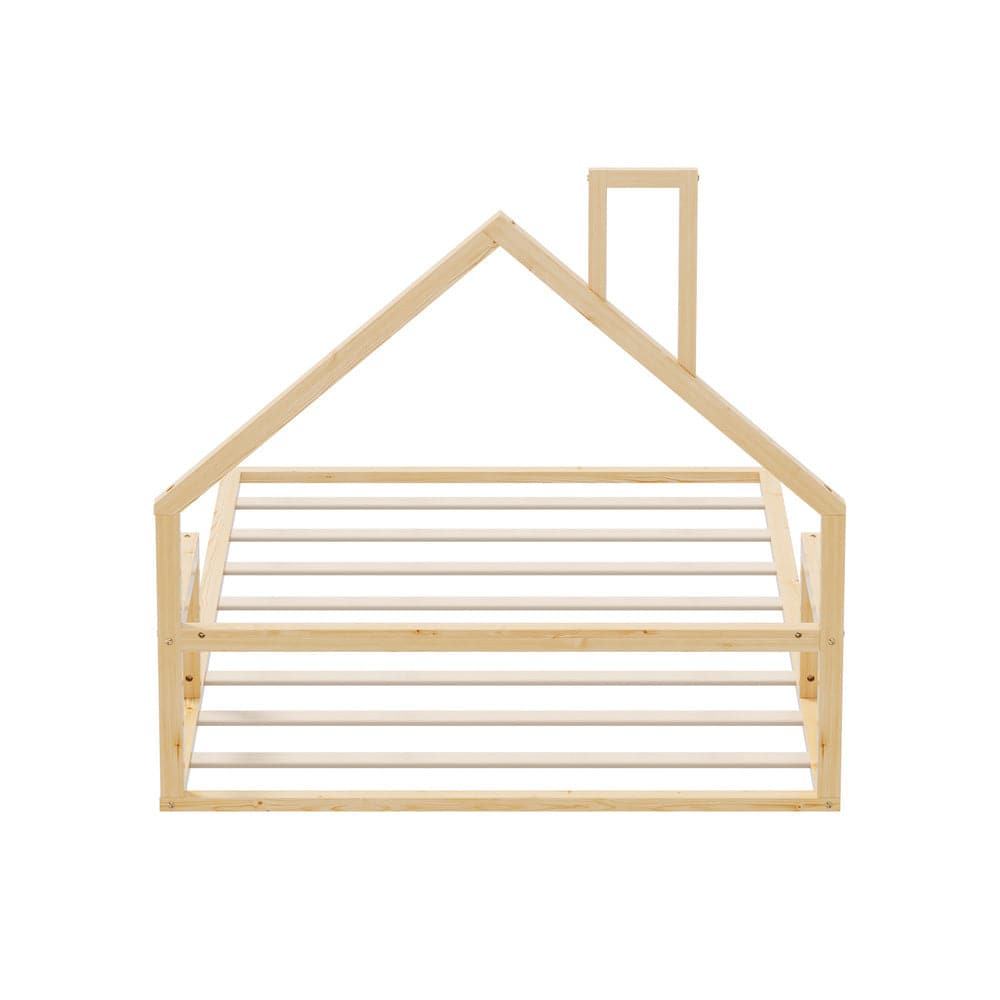 Oikiture Bedframe LITE Wooden Kids Bed Frame Floor Beds Chimney King Single Natural