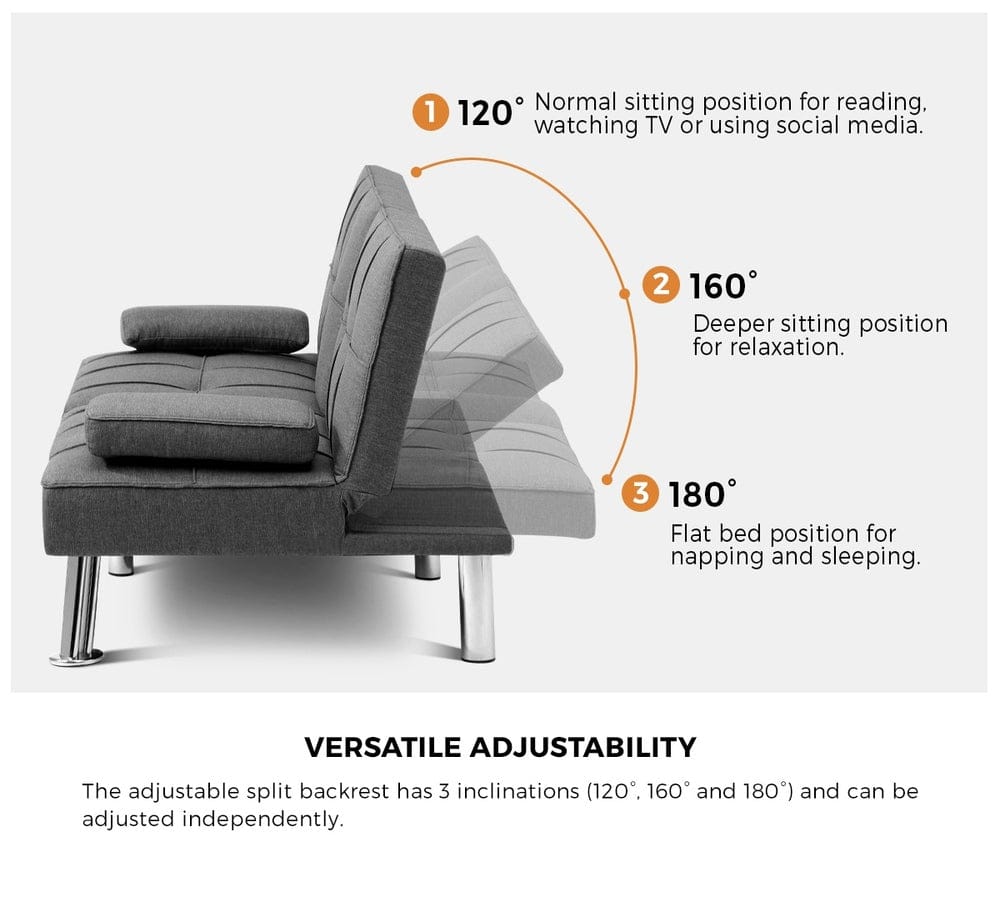 Oikiture Sofa LIV 3 Seater Sofa Bed with Cup Holders Grey Fabric