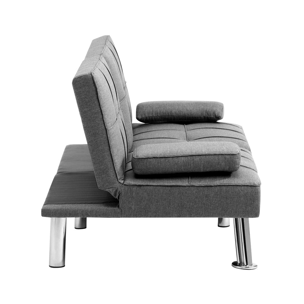 Oikiture Sofa LIV 3 Seater Sofa Bed with Cup Holders Grey Fabric