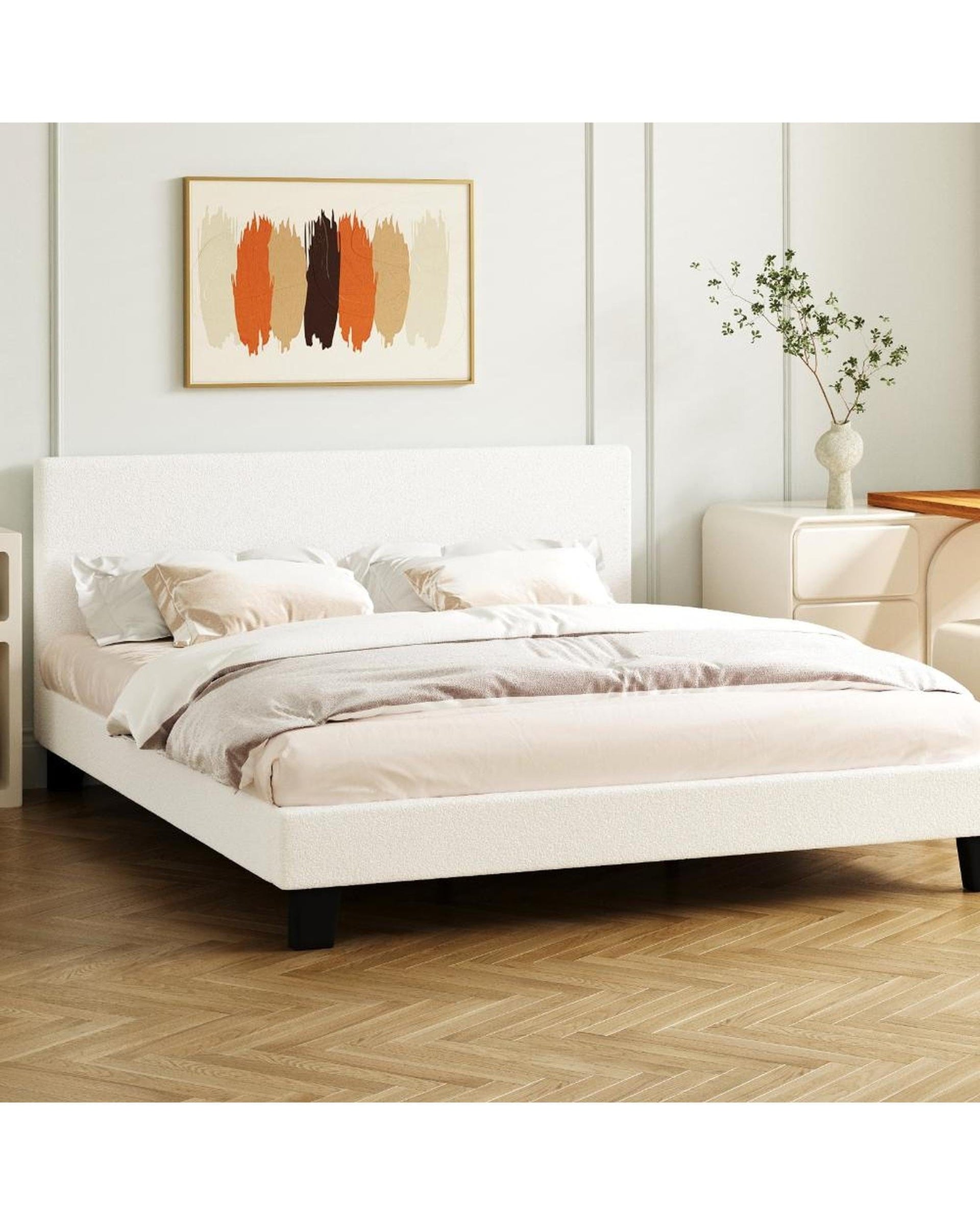 Oikiture Bedframe LORI Bed Frame with Wooden Slats and Boucle Fabric Bed Base Mattress Platfrom White