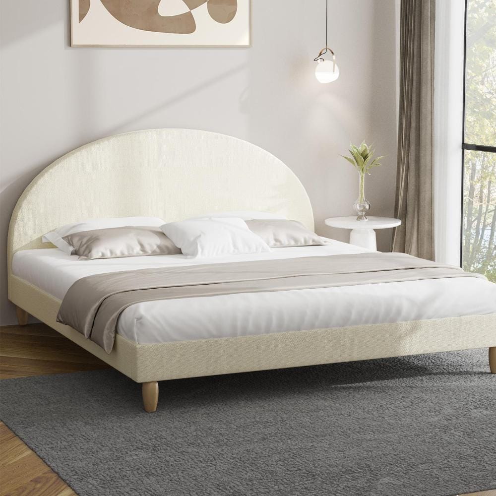 Oikiture Bedframe MAZ Bed Frame King Size Arched Beds Platform Beige Fabric
