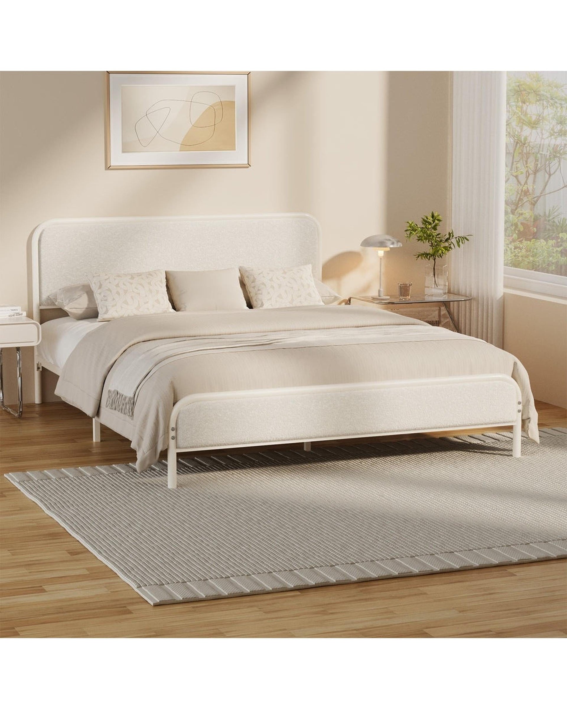 Oikiture Bedframe Metal Bed Frame Bedhead Boucle Fabric Beige