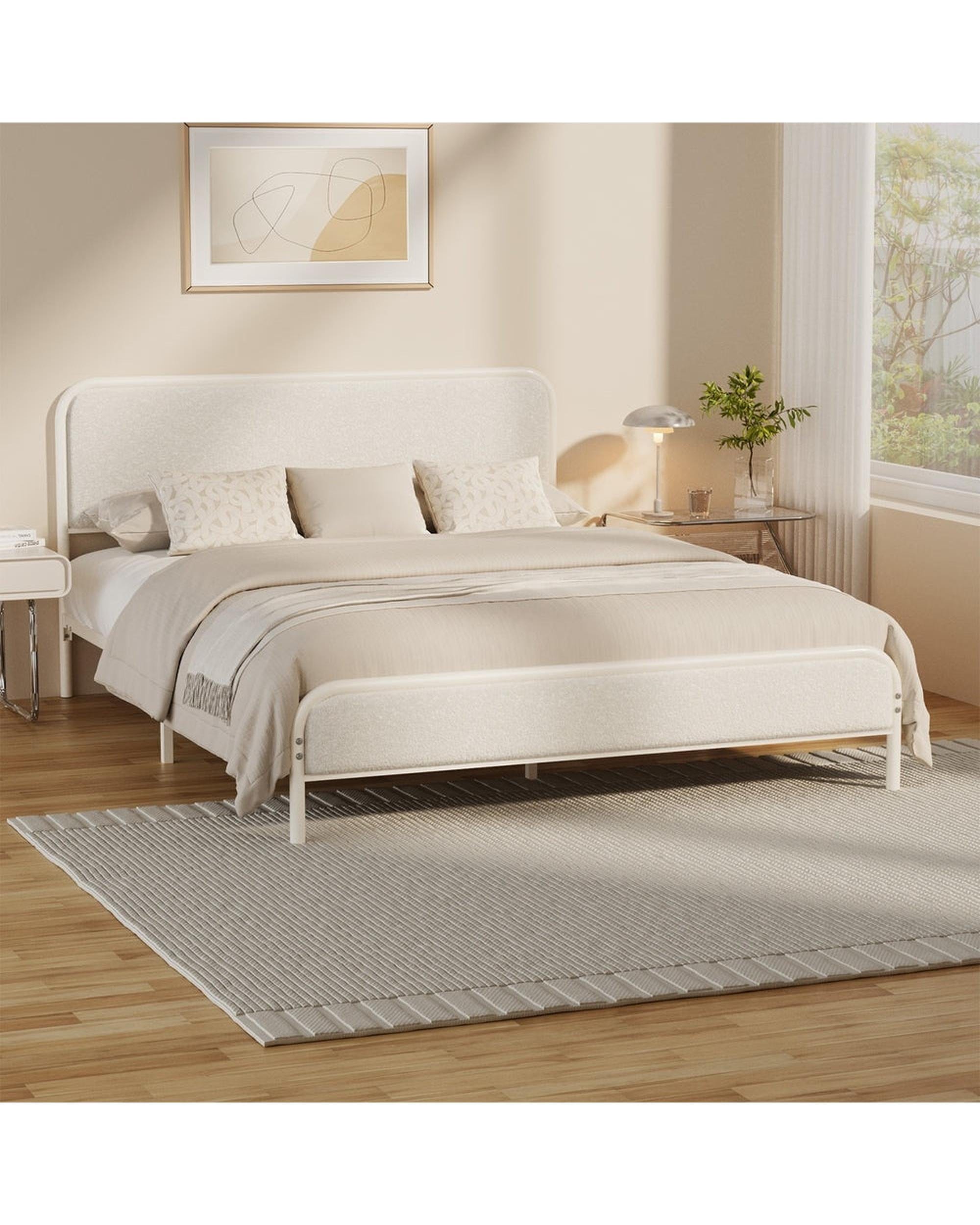 Oikiture Bedframe Metal Bed Frame Bedhead Boucle Fabric Beige