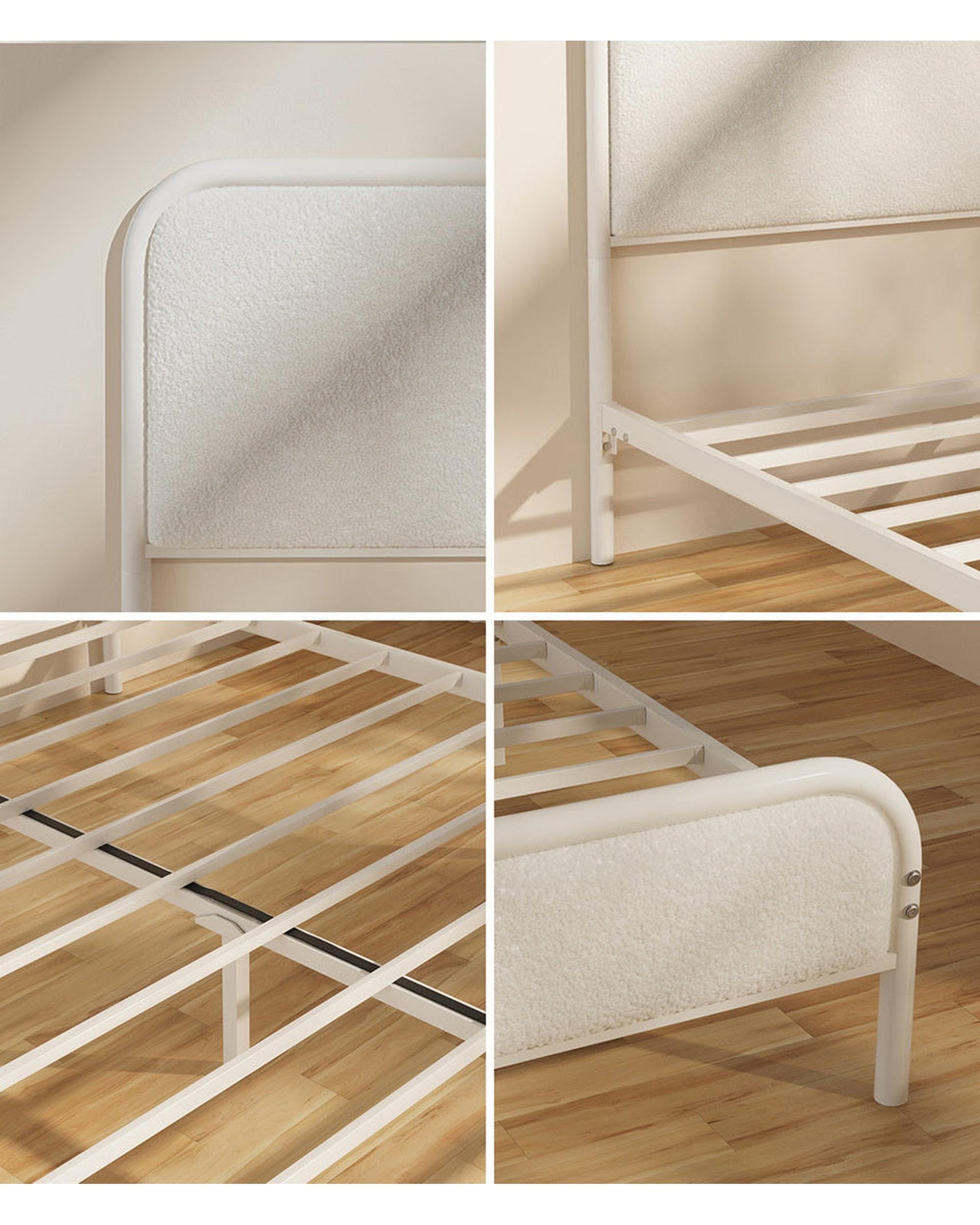 Oikiture Bedframe Metal Bed Frame Bedhead Boucle Fabric Beige