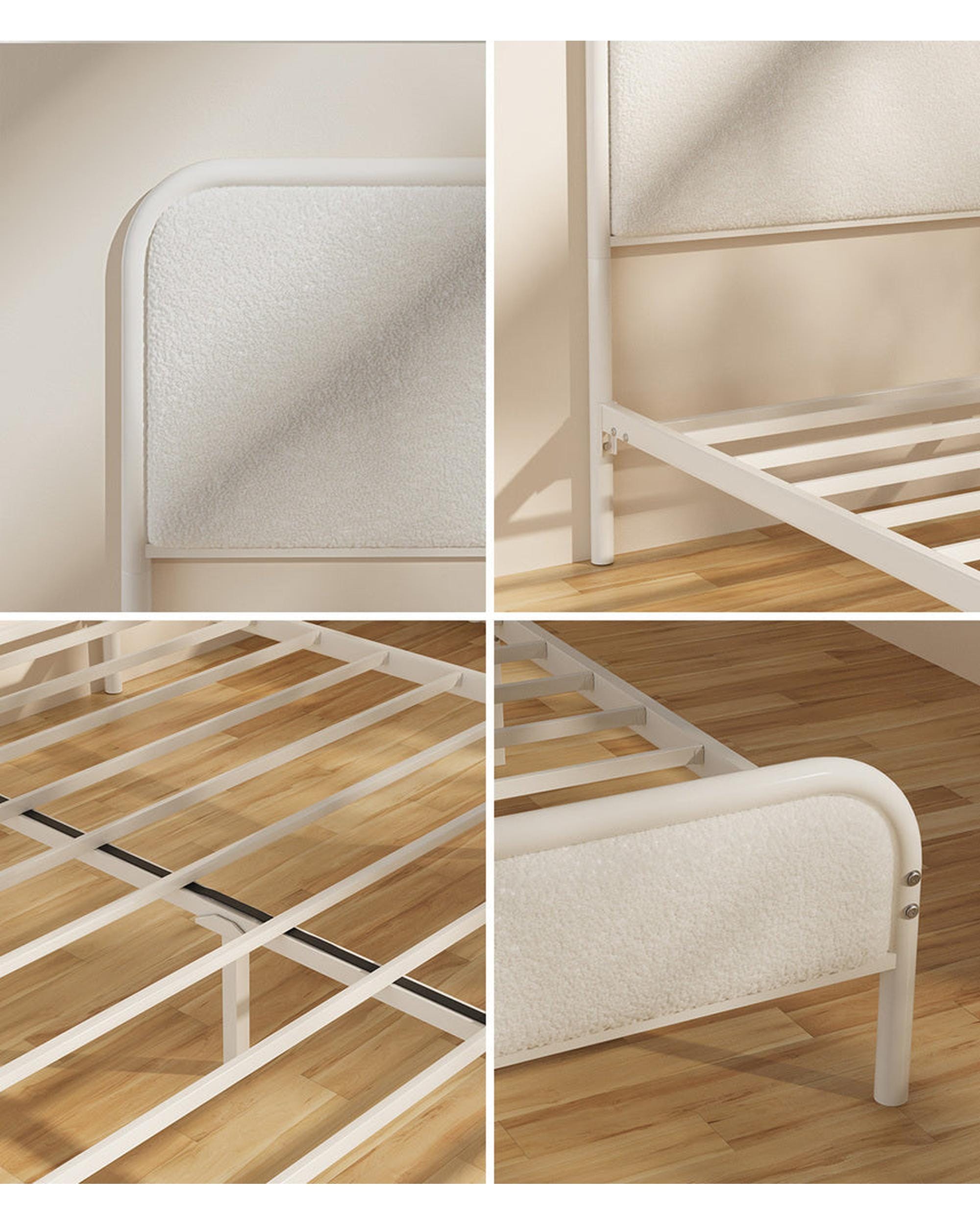 Oikiture Bedframe Metal Bed Frame Bedhead Boucle Fabric Beige